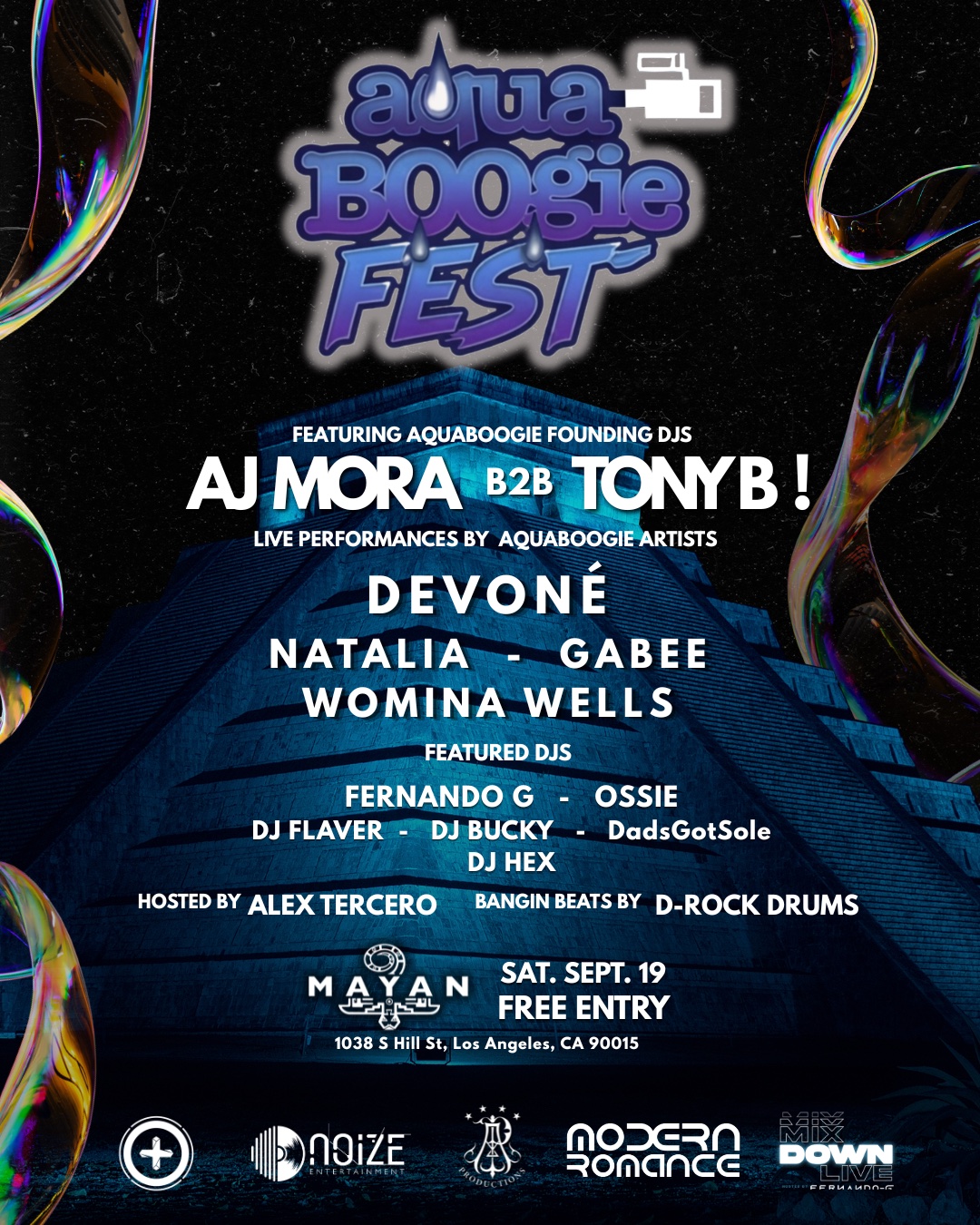 Aqua Boogie Fest, Saturday September 19 at The Mayan, 1038 S Hill St, Los Angeles. Free entry. Featuring founding DJs AJ Mora b2b Tony B, live performances by Devoné, Natalia, Gabee and Womina Wells, featured DJs Fernando G, Ossie, DJ Flaver, DJ Bucky, DadsGotSole and DJ Hex. Hosted by Alex Tercero with bangin beats by D-Rock Drums.