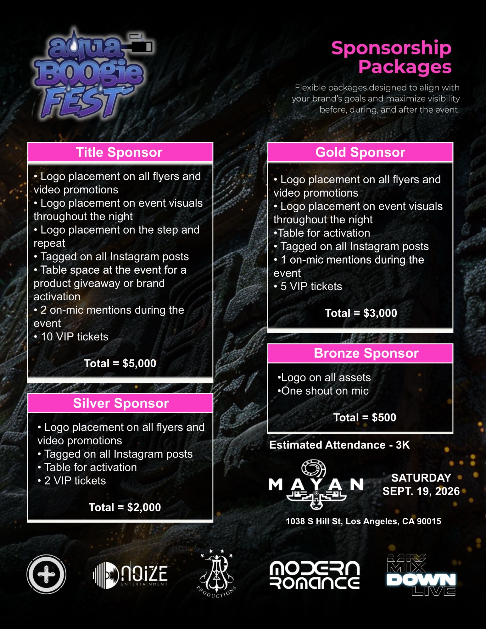 Aqua Boogie Fest sponsorship packages. Title Sponsor $5,000: logo placement on all flyers and video promotions, event visuals, step and repeat, tagged on all Instagram posts, table space for a product giveaway or brand activation, 2 on-mic mentions, 10 VIP tickets. Gold Sponsor $3,000: logo on flyers, video promotions and event visuals, table for activation, tagged on all Instagram posts, 1 on-mic mention, 5 VIP tickets. Silver Sponsor $2,000: logo on flyers and video promotions, tagged on all Instagram posts, table for activation, 2 VIP tickets. Bronze Sponsor $500: logo on all assets, one shout on mic. Estimated attendance 3,000.